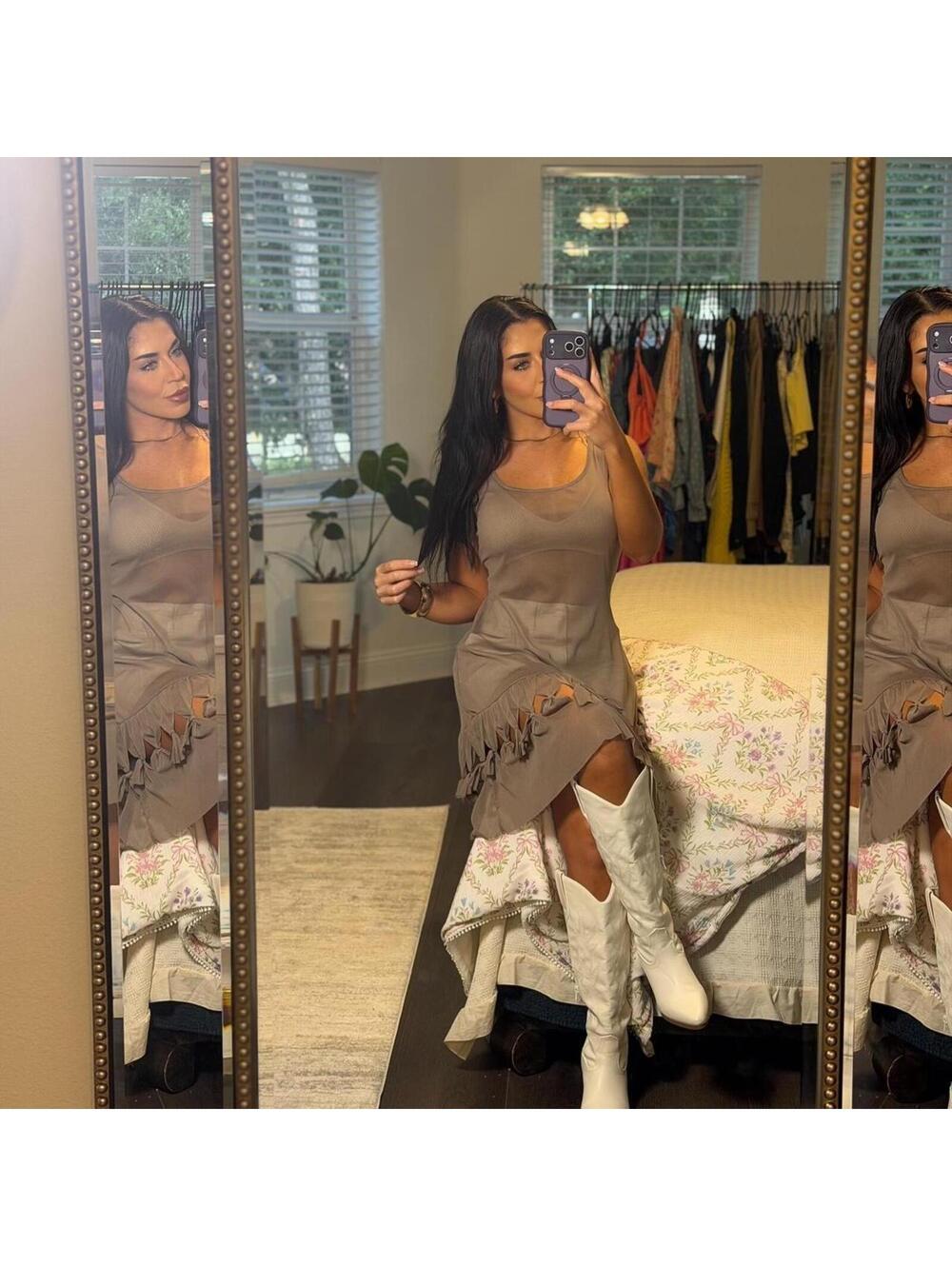 Y2K Mesh Taupe Ruffle Hem Dress Fairy Grunge Boho Western Mini Dress Festival